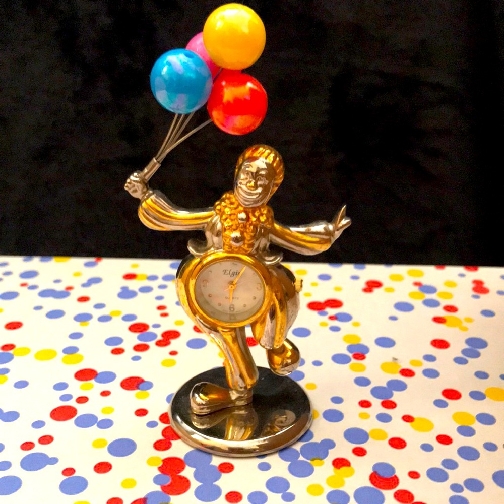 Elgin CircusClown w balloons mini-Quartz figurine desk clock/paperweight. Works!